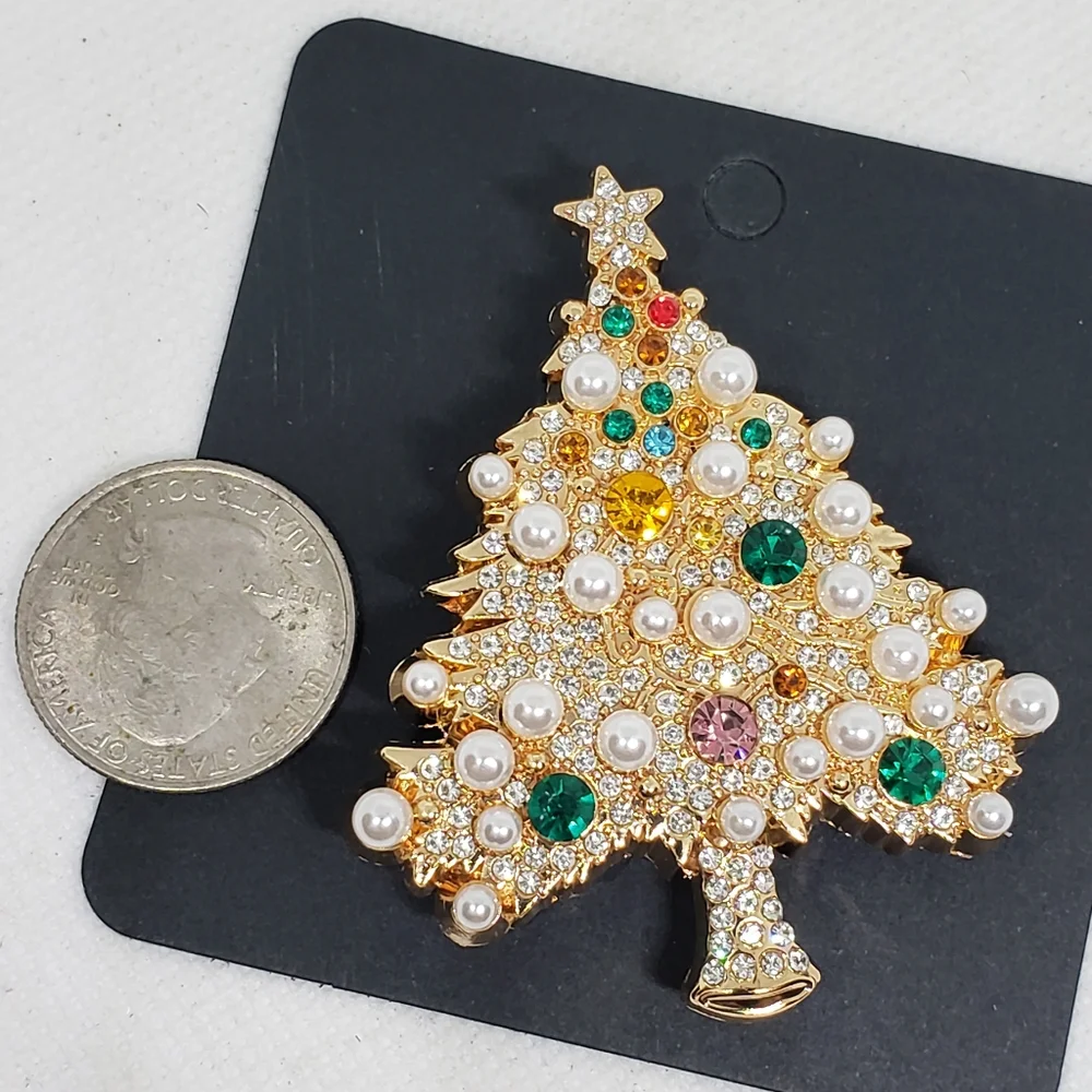 Gold Green Red Rhinestone Pearl Holiday Christmas Tree Brooch Pin